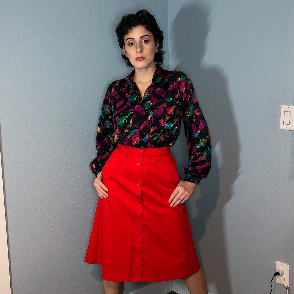 Vintage Celebration Red Button Down Midi Skirt